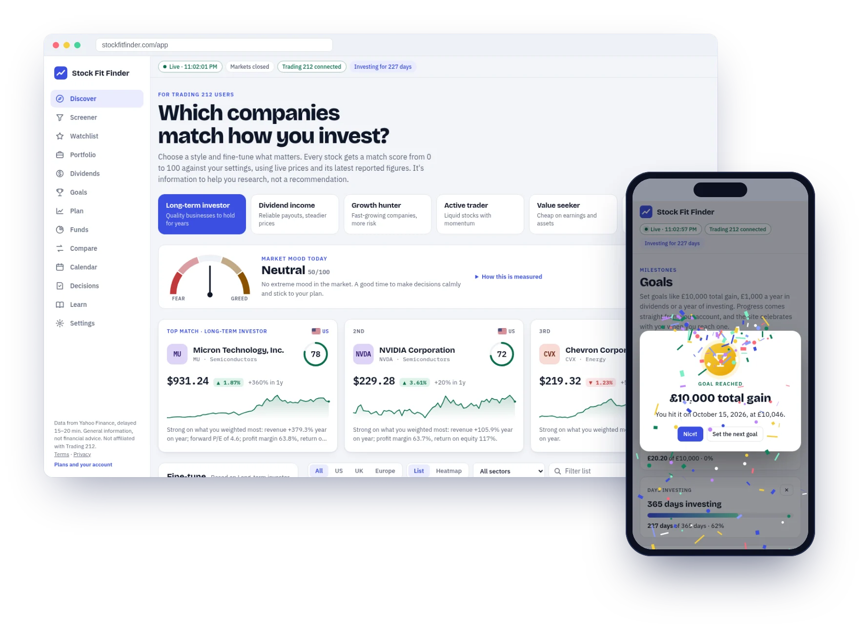 Stock Fit Finder on a laptop showing stocks matched to a long-term investing style, and on a phone celebrating a £10,000 total gain goal with confetti (example data)