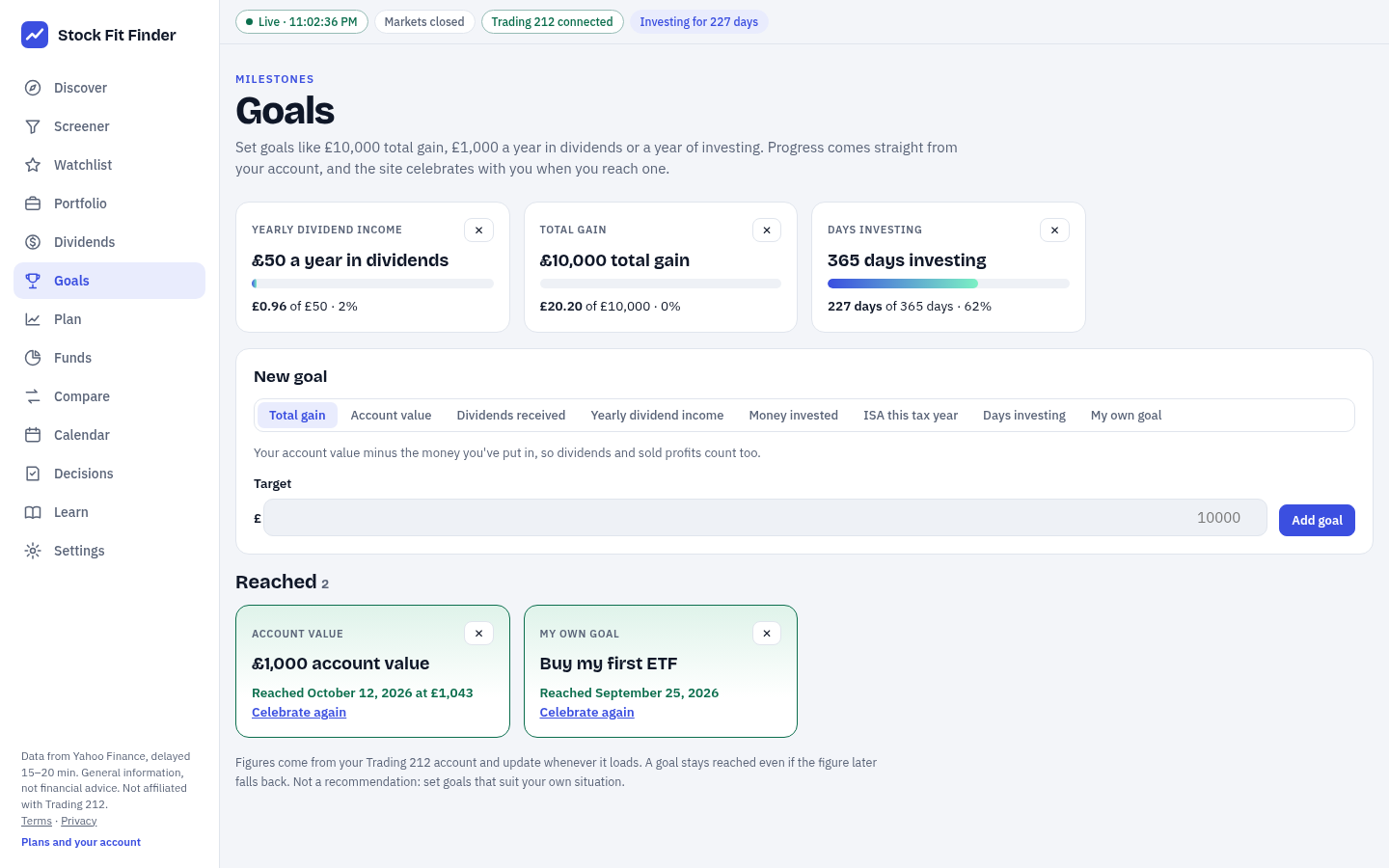 The Goals tab: progress towards dividend income, total gain and days-investing goals, with reached goals listed below (example data)